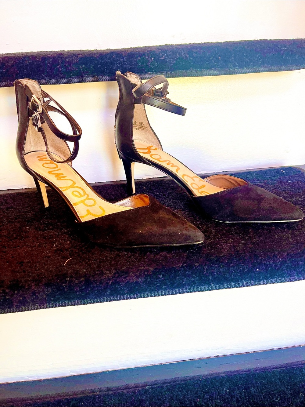Sam Edelman Black Suede Pointed-Toe Ankle-Strap Heels